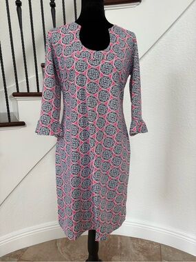 Katherine Way Pink and Navy Printed Midi Shift Dress